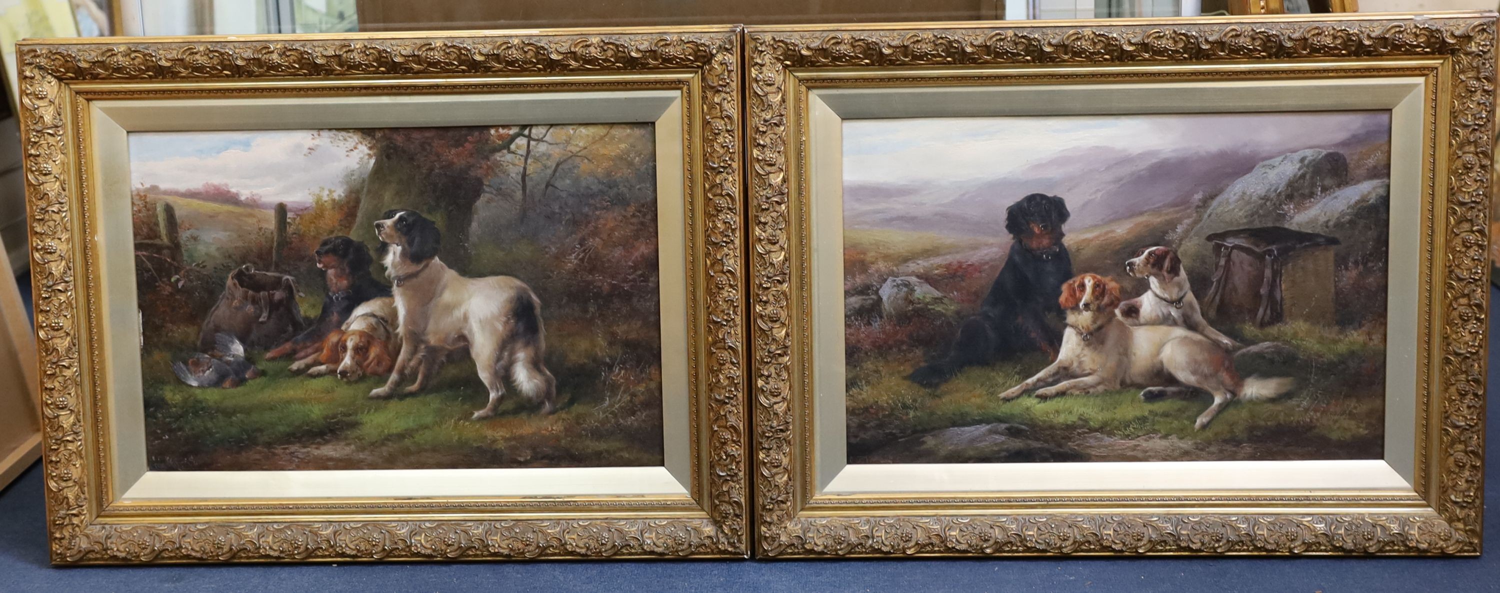 John Morris (19th C.), After the Hunt; gun dogs seated in landscapes, pair of oils on canvas, 40 x 60cm